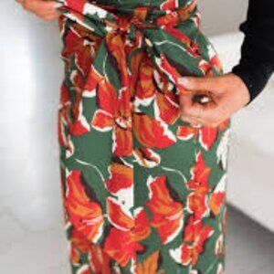 Vintage Y2k Green & Coral Floral Knee Length Bodycon Skirt with Tie Belt size M